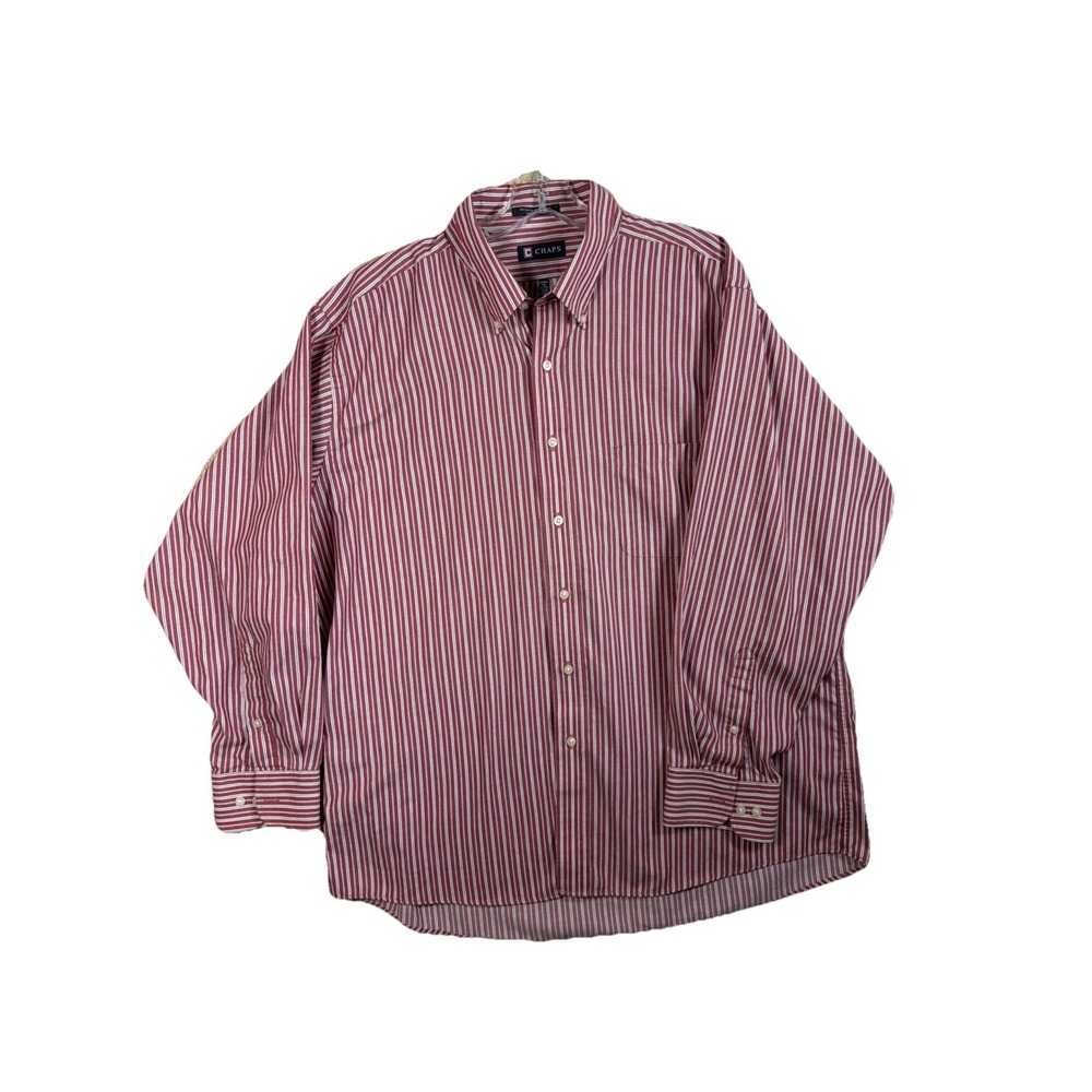 Chaps Mens XL Button Down Shirt Red White Striped Wrinkle Free 17-17.5 34/35